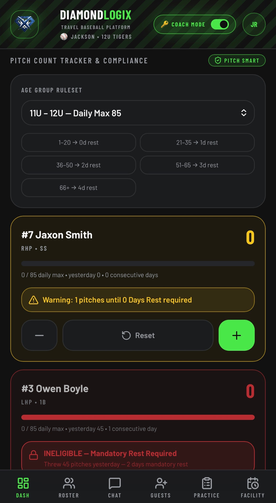 Live Dugout Tracking & Pitch Smart Compliance screenshot